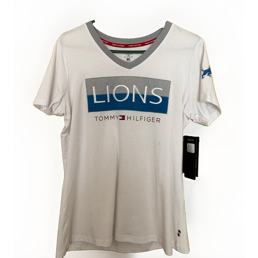 Tommy Hilfiger Detroit Lions women's V-neck t-shirt with a gray and blue "LIONS"